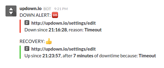 screenshot of a example down and recovery slack alerts