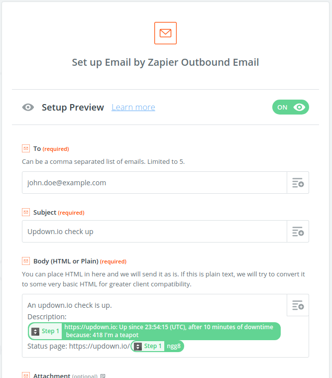 screenshot of zapier UI showing how to put updown alert message into the outgoing integration