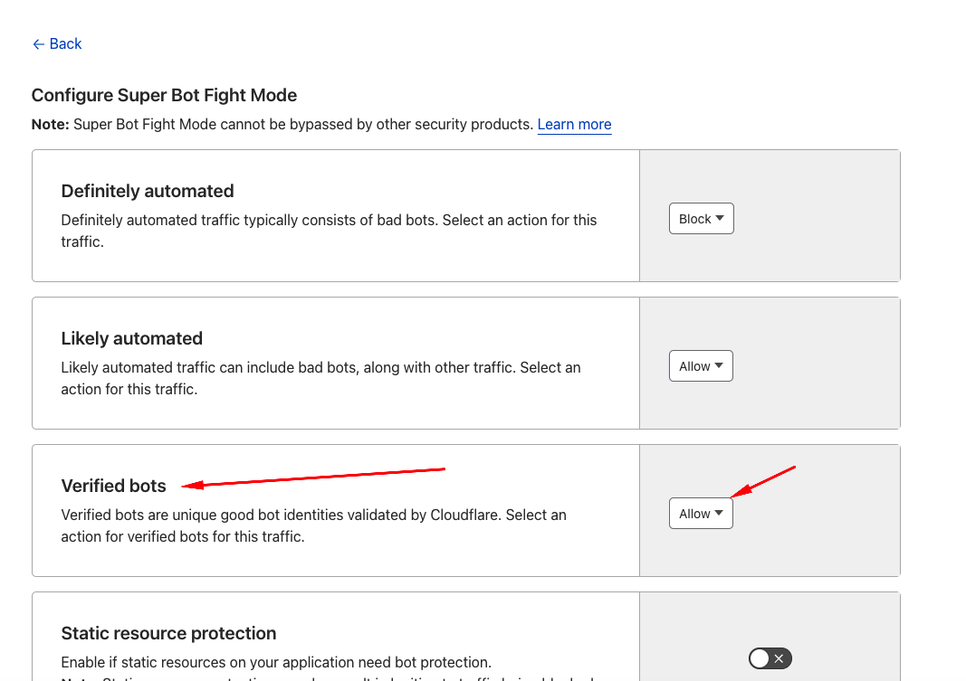 screenshot of cloudflare UI showing the verified bot selector